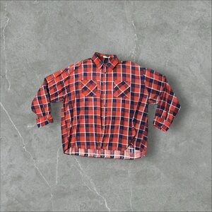 Distressed Red & Navy Plaid Button Up